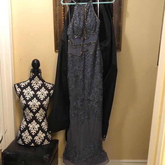 🎊Jovani Crystal bead embellished lace lined mermaid racer open mesh gown + bag - Picture 3 of 16